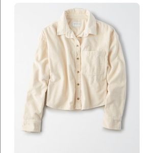 AE Corduroy Cropped Button Up Shirt in Cream, Size Medium